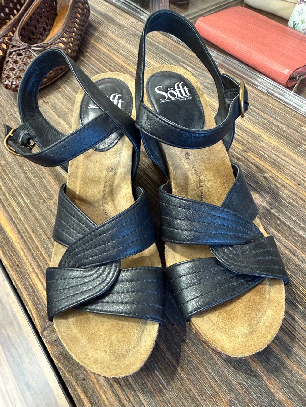Söfft Black Leather Crisscross Slingback Sandals